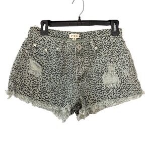 POL Womens Distressed Animal Print Denim Shorts Small Cheetah Leopard Green Fray